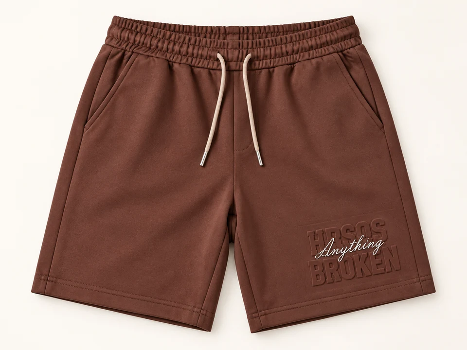 Brown Embossed Lettering Sweat Shorts on a warm studio background