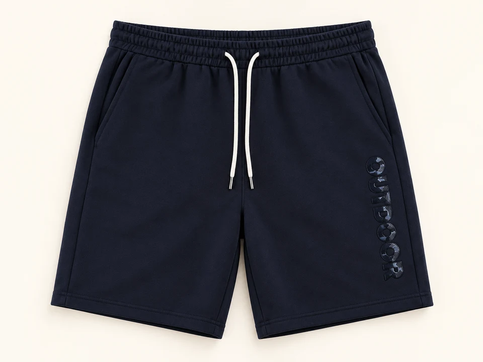 Navy Outdoor Sweat Shorts on a warm studio background