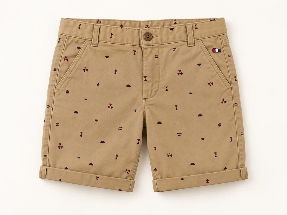 Tan Geometric Print Chino Shorts on a warm studio background