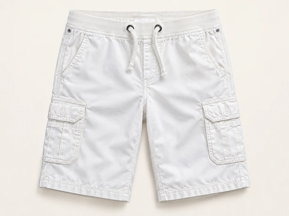 White Ribbed Waist Cargo Shorts on a warm studio background