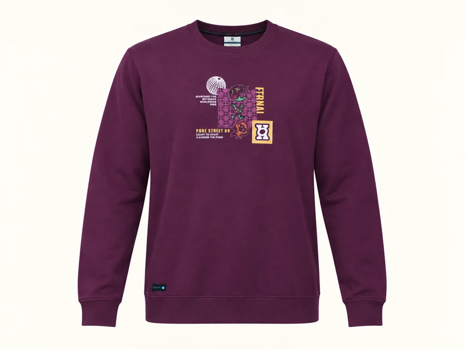 Plum long-sleeved crewneck sweatshirt with compact multicolour chest collage and lower woven label