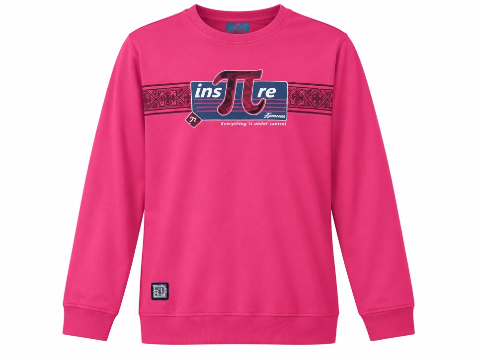Raspberry pink long-sleeved crewneck sweatshirt with geometric chest band, pi-symbol graphic and lower square patch