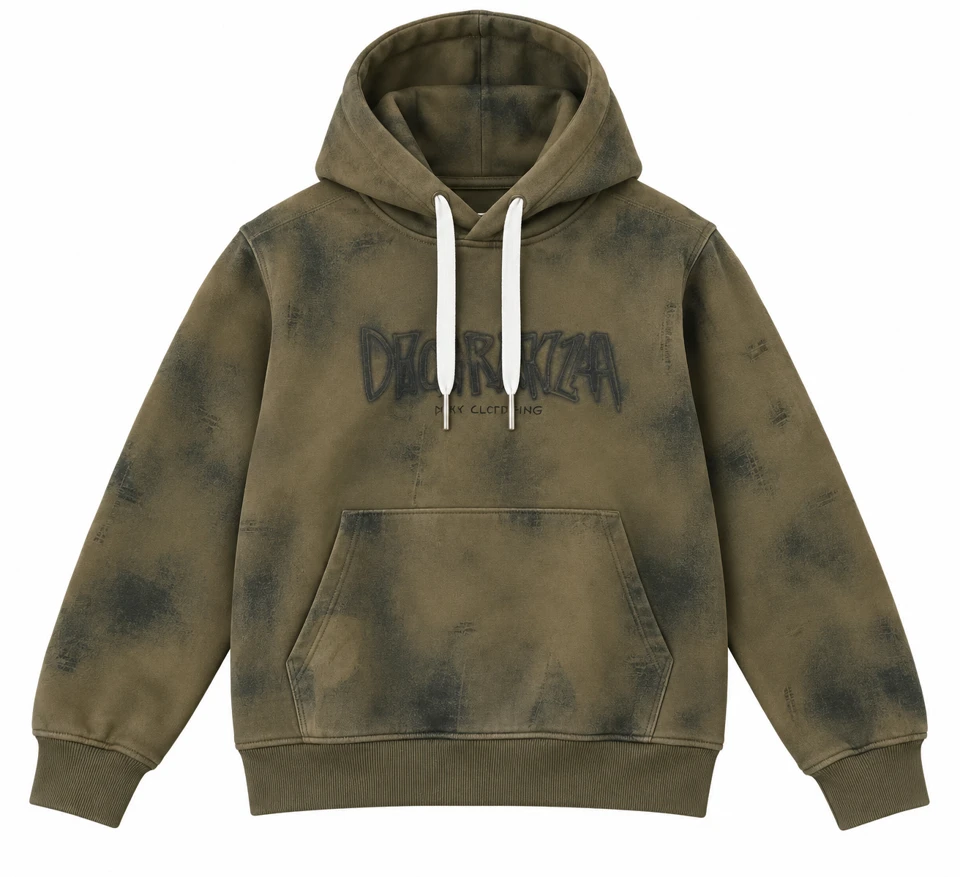 Invisible mannequin displaying olive washed drawstring hoodie