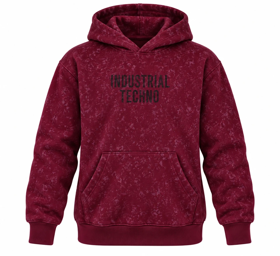 Invisible mannequin displaying burgundy washed Industrial Techno hoodie