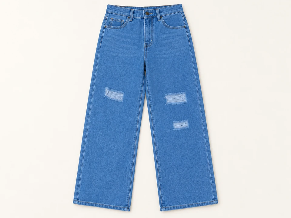 Light Blue Distressed Wide-leg Jeans on a warm studio background