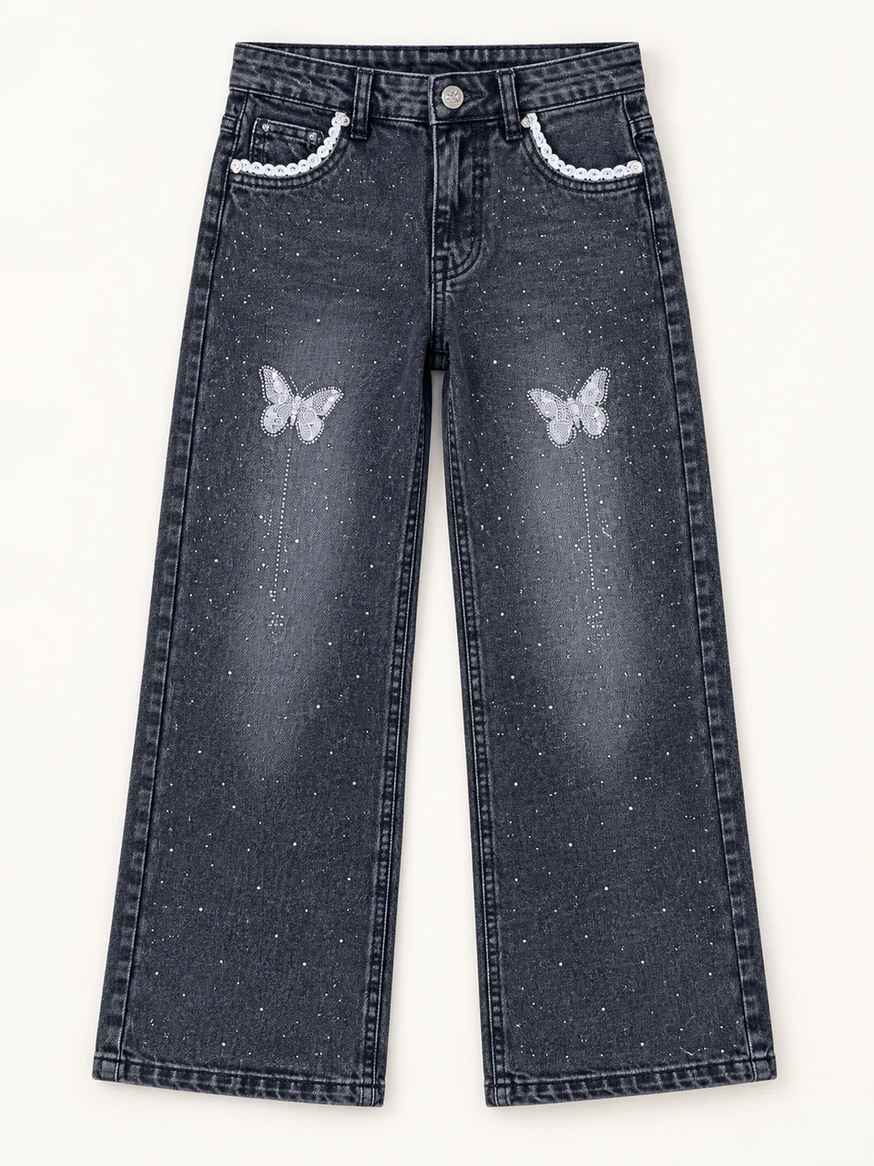 Charcoal Butterfly Rhinestone Jeans on a warm studio background