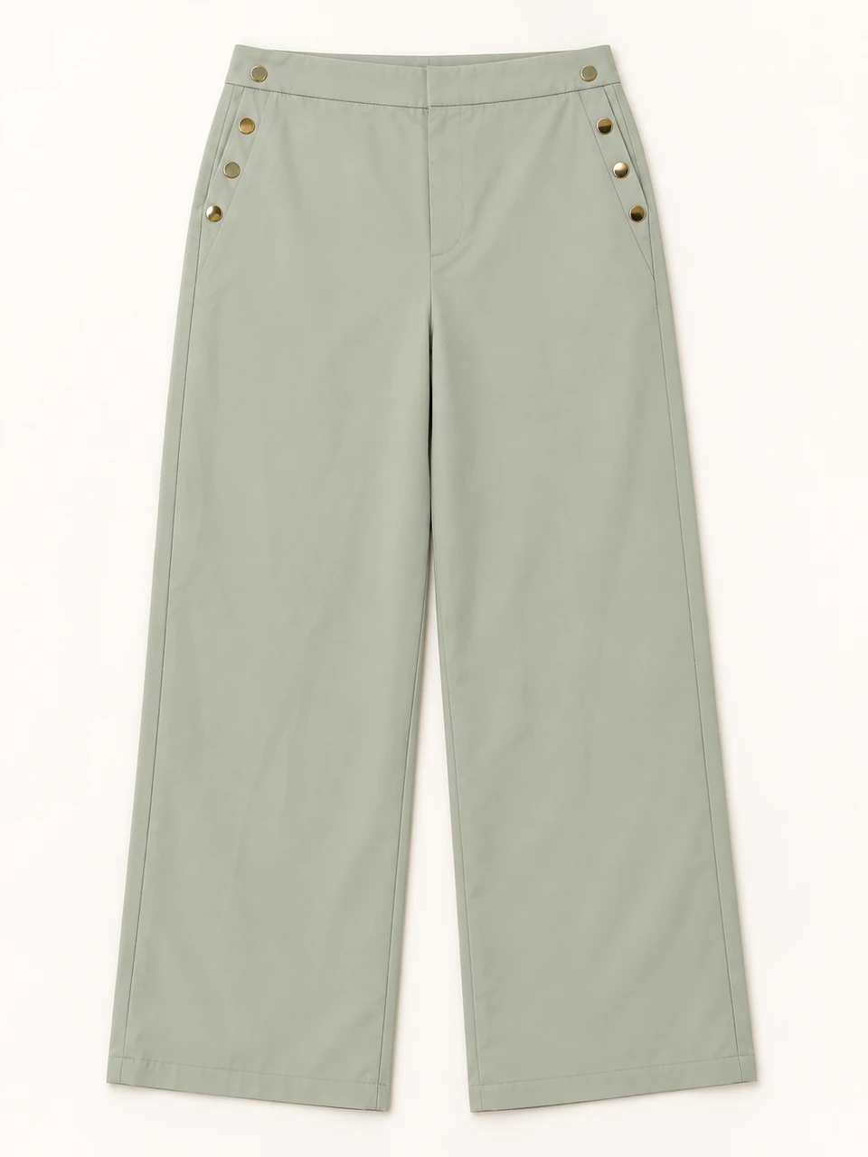 Sage Gold-button Wide-leg Trousers on a warm studio background