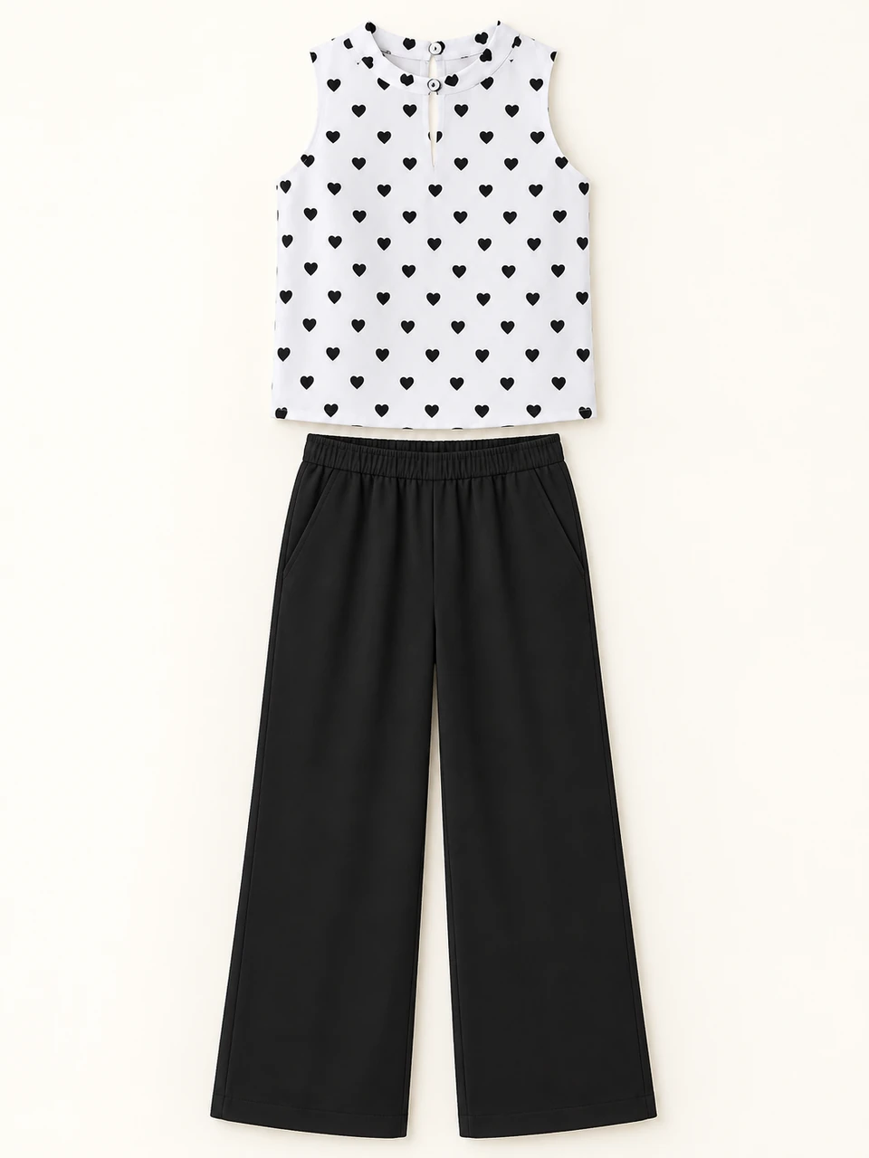 White Heart Sleeveless Top and Black Trouser Set on a warm studio background