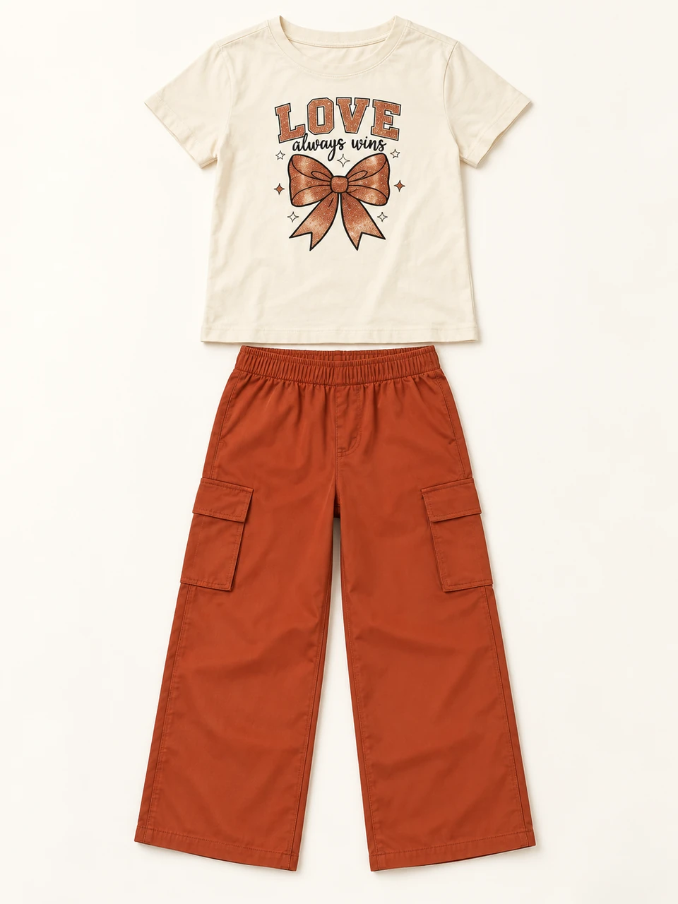 Love Bow T-shirt and Rust Cargo Trouser Set on a warm studio background