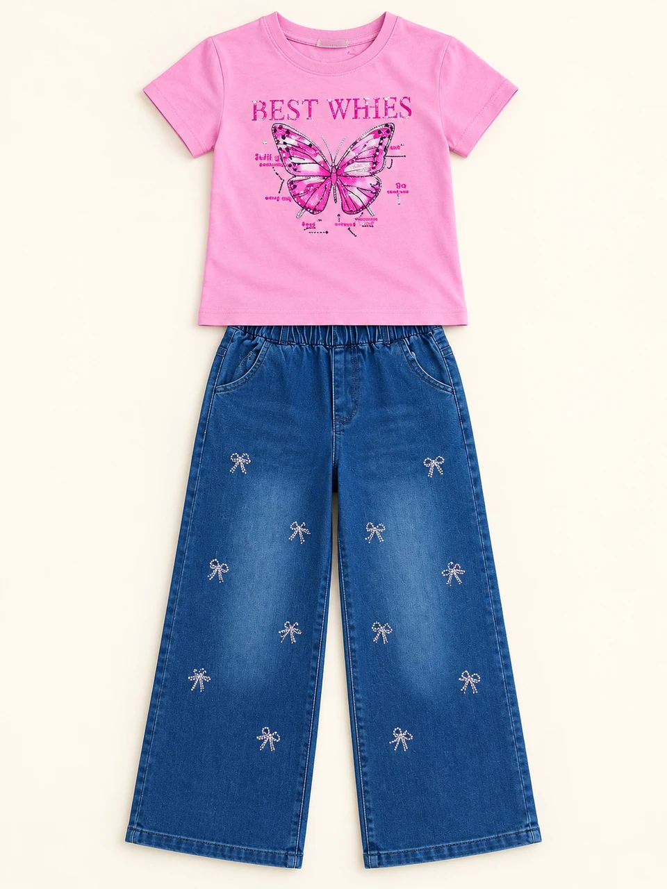 Pink Butterfly T-shirt and Embellished Jeans Set on a warm studio background