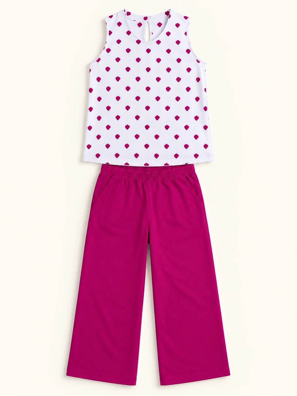 Magenta Heart Top and Trouser Set on a warm studio background
