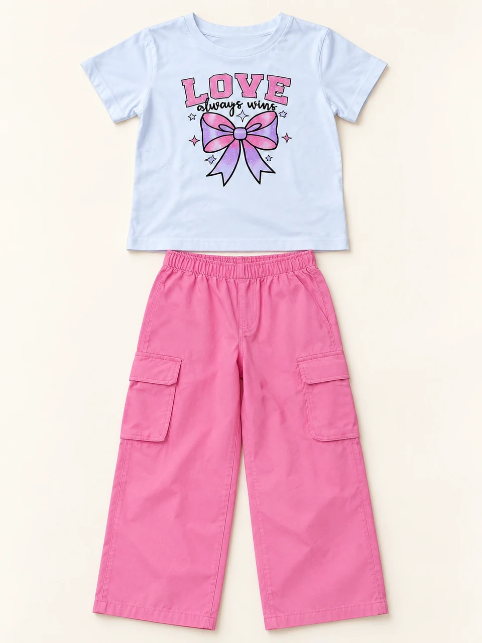 Love Bow T-shirt and Pink Cargo Trouser Set on a warm studio background