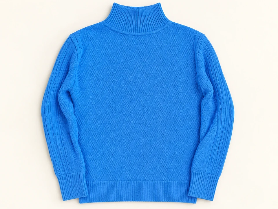 Blue Chevron High-neck Knit Sweater on a warm studio background