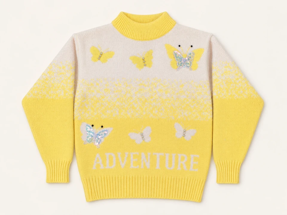 Yellow Adventure Butterfly Sweater on a warm studio background