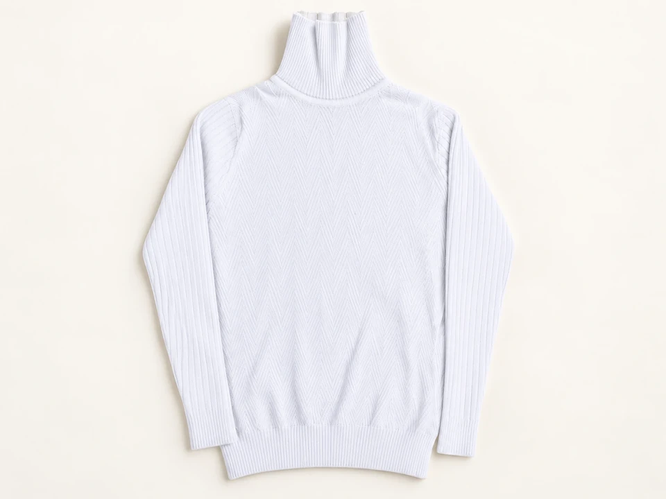 White Chevron High-neck Knit Sweater on a warm studio background