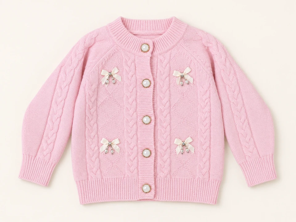 Pink Bow and Pearl Knit Cardigan on a warm studio background