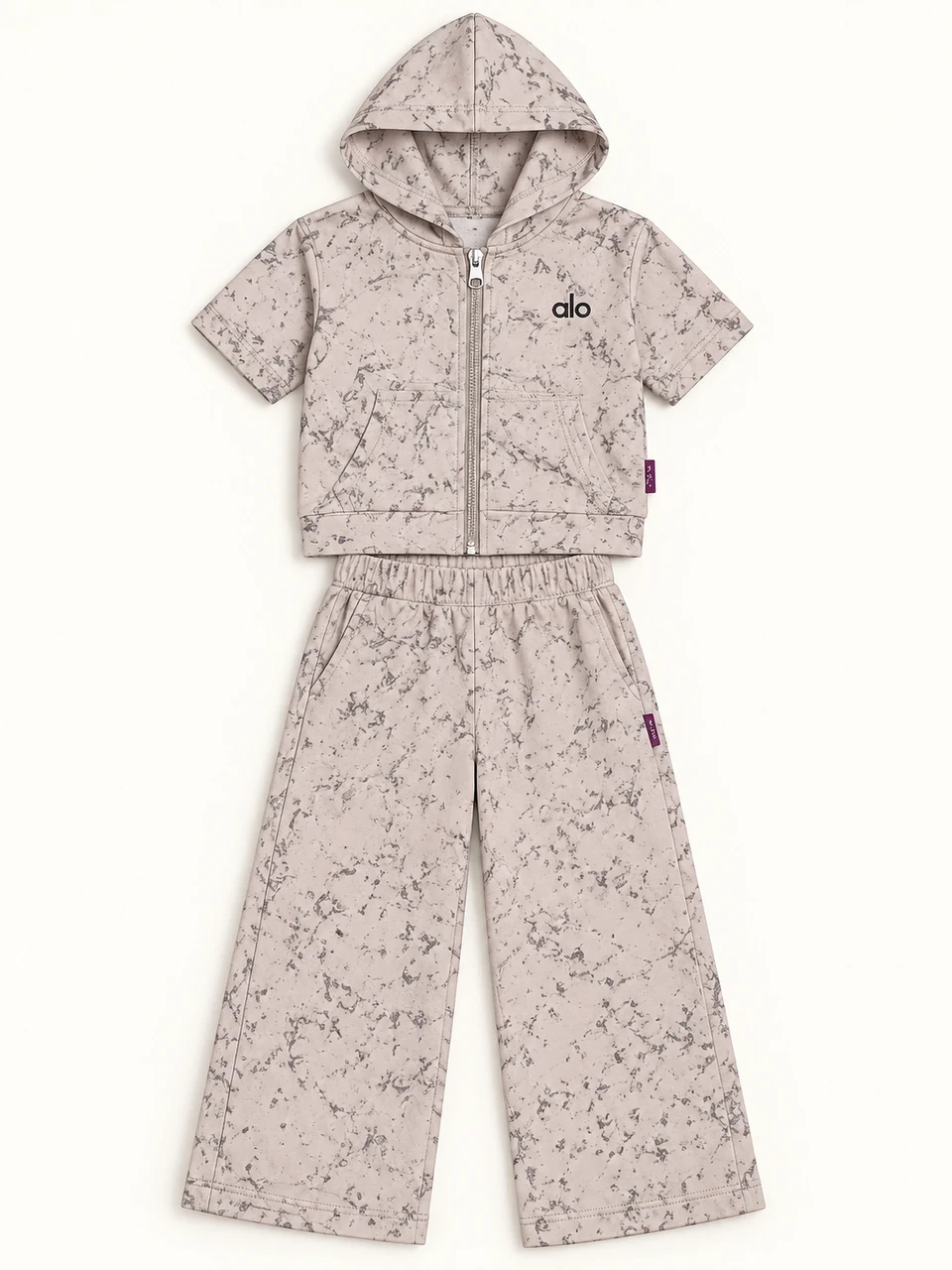 Neutral Marble Print Hooded Trouser Set on a warm studio background
