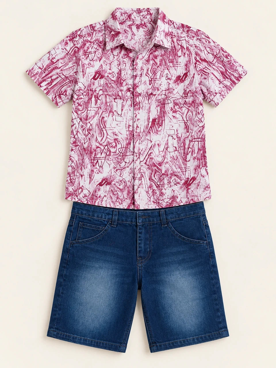 Burgundy Patterned Shirt and Denim Shorts Set on a warm studio background