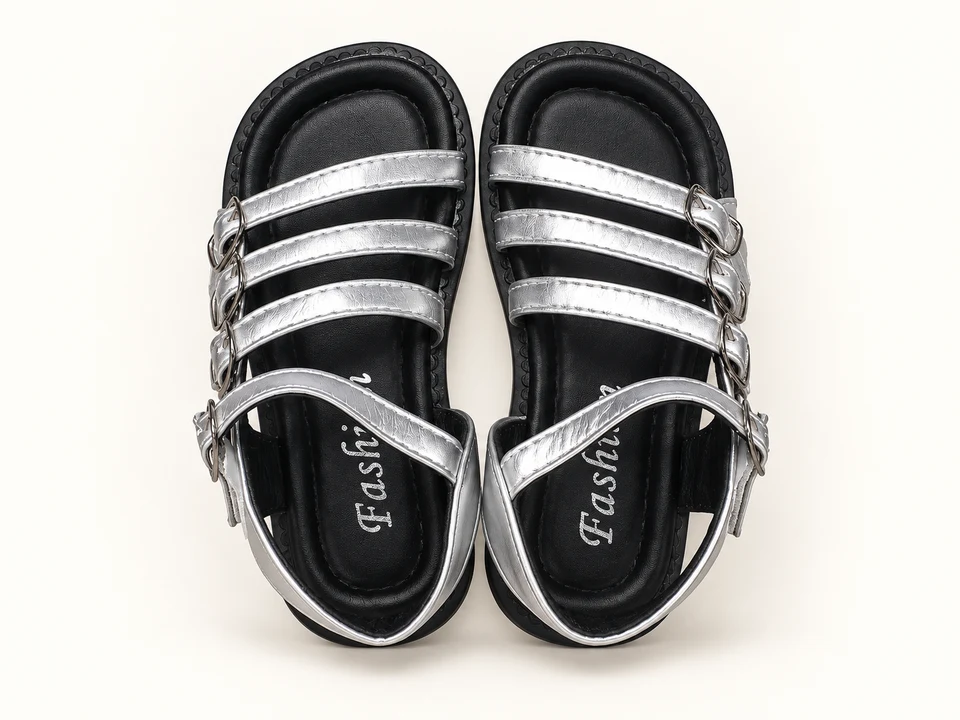 Silver Multi-strap Sandals on a warm studio background