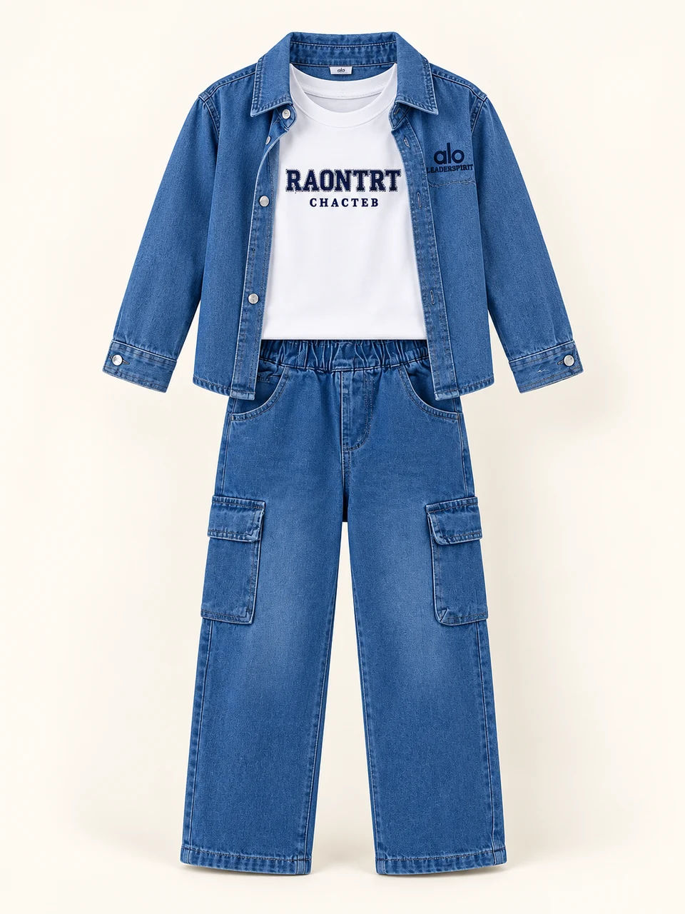 Denim Three-piece Cargo Outfit on a warm studio background