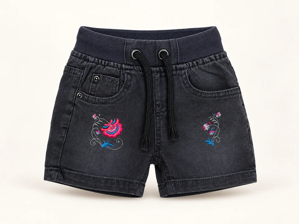 Black Floral Embroidered Shorts on a warm studio background