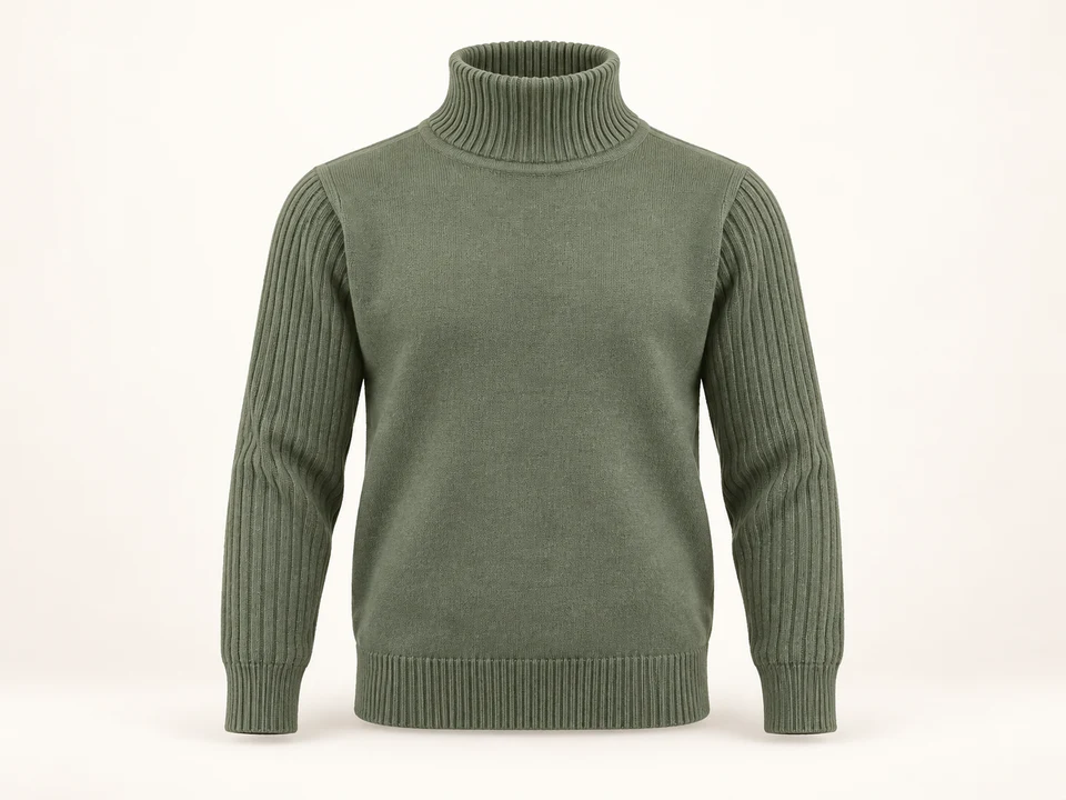 Olive Long-sleeve Roll-neck Sweater on a warm studio background