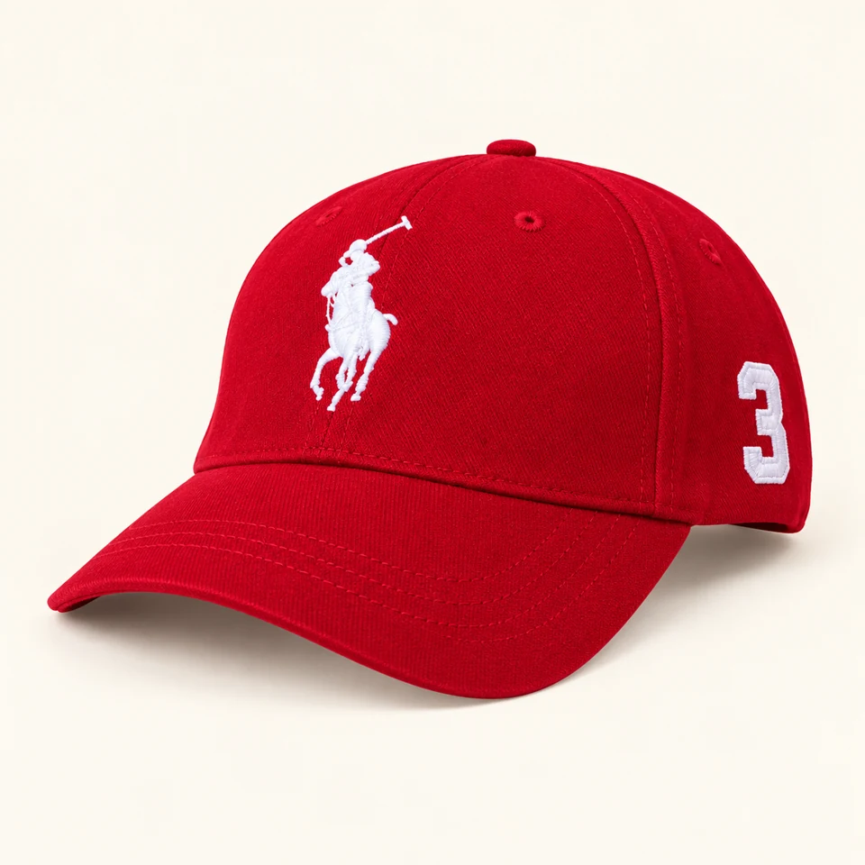 Red Embroidered Number 3 Cap on a warm studio background