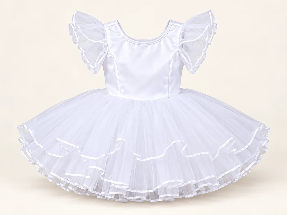 White Ruffle Sleeve Tulle Dress on a warm studio background