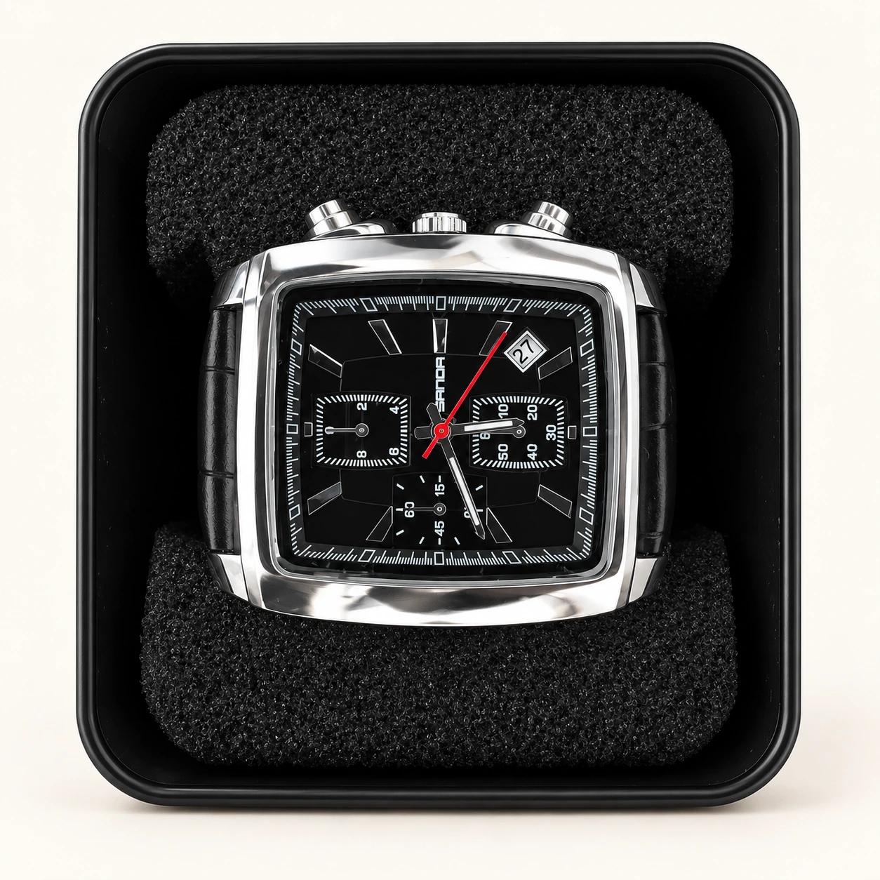 Black Dial Rectangular Watch on a neutral studio background