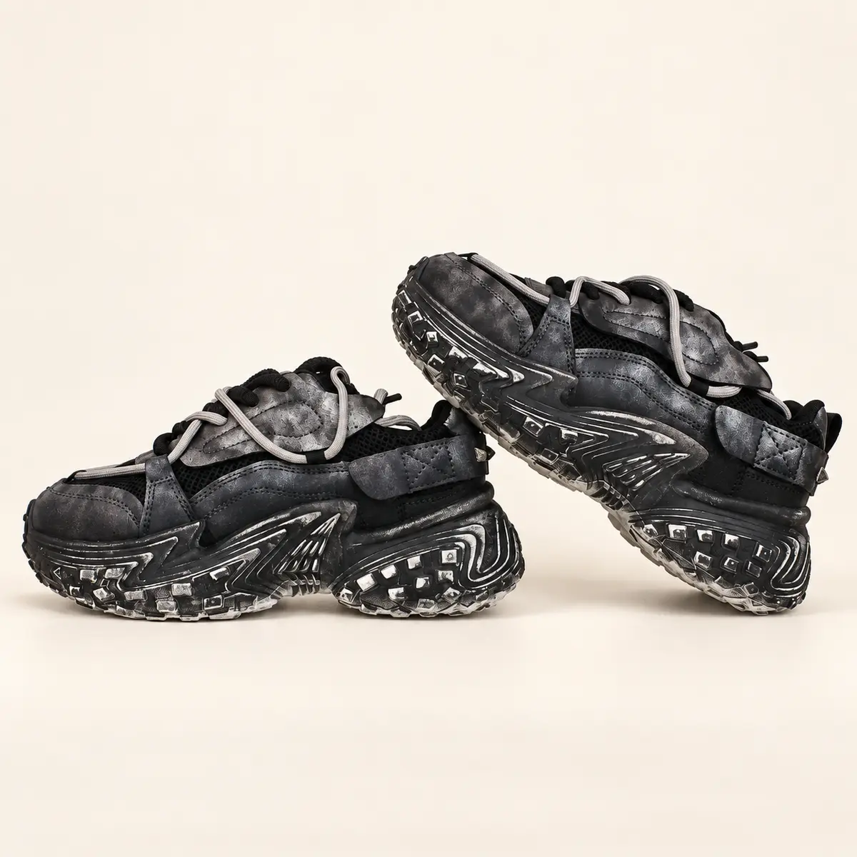 Grey Distressed Chunky Sneakers AI studio illustration