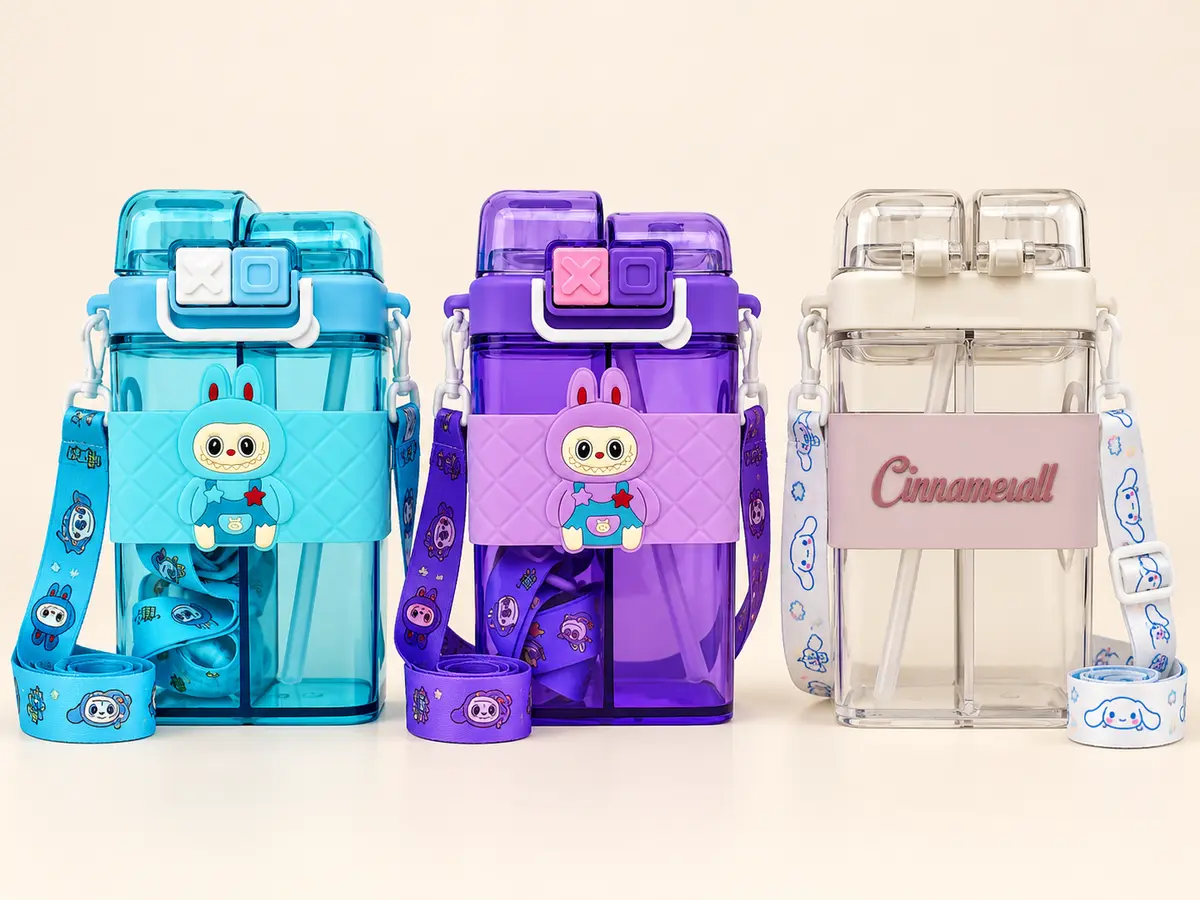 Square Character Water Bottles in available design examples